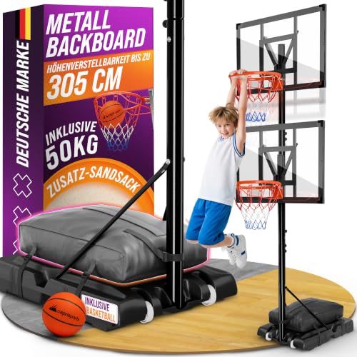 Basketballkorb Outdoor [mit Sandsack und Ball] – Basketball Korb höhenverstellbar von 135 cm bis 305 cm – Wetterfester Basketballkorb mit Ständer – Basketballkörbe für Kinder und Erwachsene