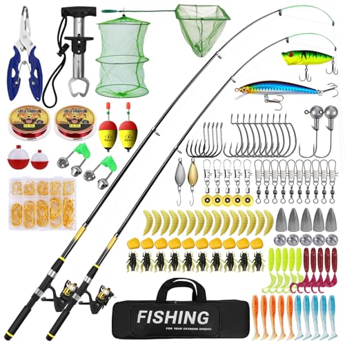 118pcs Angelset für Kinder, Teleskop-Angelruten 2,1m + 1,8m, Komplettset mit Rolle Köder & Tragetasche für Süßwasser Angeln, Angelausrüstung für Anfänger, Orange