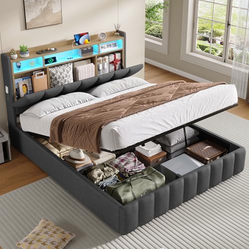 KIMENICH Bett mit LED Beleuchtung, Hydraulisches Bett 140 x 200 cm, Polsterbett, Regalkopfteil mit Stauraum, Bettgestell mit Lattenrost, bequem, für Schlafzimmer, Gästezimmer, Leinenstoff grau
