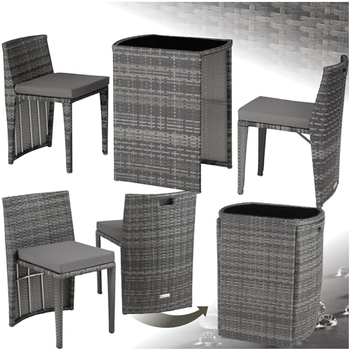 tectake® Poly Rattan Bistroset, platzsparend zusammenschiebbar, Gartenmöbel Set mit 2 Stühlen & Tisch, Outdoor Möbel, Sitzgruppe für Garten, Wintergarten, Balkon Terrasse - grau