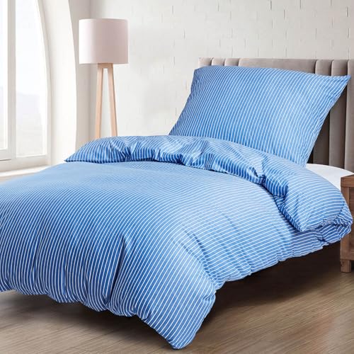 KACEMOO Bettwäsche 135x200 Baumwolle, Bettwäsche-Sets Oeko-TEX Bedding mit Reißverschluss Bettbezüge Atmungsaktiv & kuschelig, Bettbezug 135x200 + Kissenbezug 80x80, Blau Streifen 120 g/m²