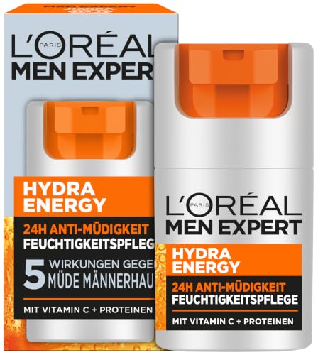 L'Oréal Men Expert XXL Gesichtspflege gegen müde Haut für Männer, Belebende Feuchtigkeitscreme 24H Anti-Müdigkeit, Gesichtscreme für Herren mit Vitamin C und Proteinen, Hydra Energy, Exklusive,1x50 ml