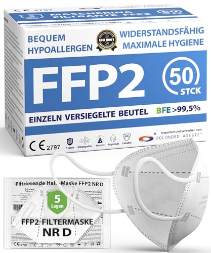 ADESTE – 50x FFP2 NR D Maske, Hygienische 5-lagige Staubschutzmaske, EN149:2001+A1:2009 Mundschutzmaske EU2016/425, Weiß, Atemschutzmaske, Einzelne versiegelte Beutel
