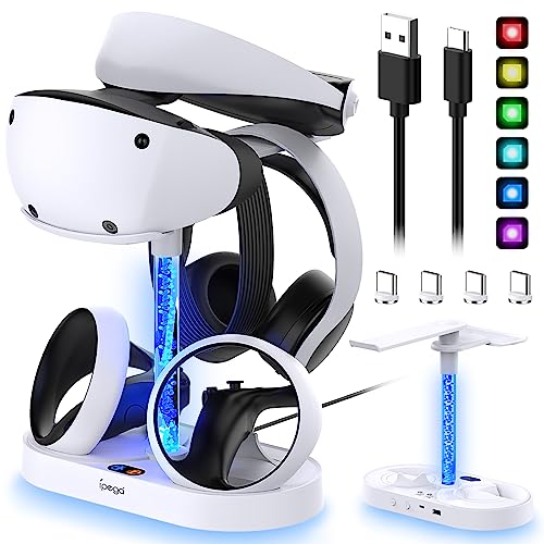 MENEEA VR2 Lade- & Aufbewahrungsständer für PlayStation VR2 Controller mit bunter Lichtsäule, 4pcs Typ-C magnetischer Ladeanschluss, Duale Ladestation/VR-Headset-Halter/blendendes RGB-Licht für PSVR2