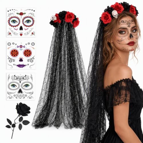 NieYat Dia De Los Muertos Kostüm Damen, 5-Teiliges Set