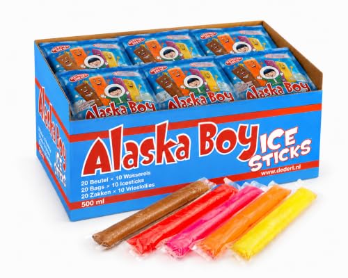 Alaska Boy Schleck-Drinks 200 Eissticks – Wassereis zum Einfrieren – 5 verschiedene Sorten – Eis zum Selber Einfrieren – Party Eis für Kinder & Sommer & HLKauf-Block