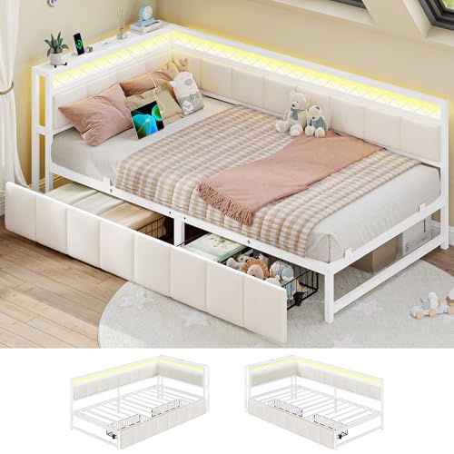 AOGLLATI Polsterbett Schlafsofa 90x200 mit USB-Steckdosen und LED-Beleuchtung Jugendbett Kinderbett mit 2 Schubladen,Tagesbett Gästebett Bettgestell 90 x 200 mit Lattenrost(Beige,90x200cm)