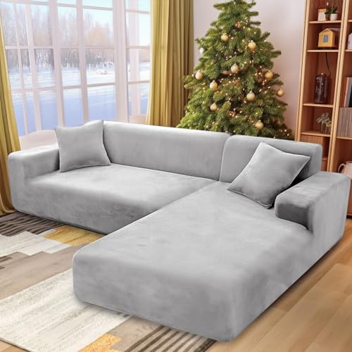 NAKIHOUSE Dicke Samt Sofa Überwürfe Sofabezug mit einem Kissenbezug, Superweicher Elastische Sofa Abdeckung in Silber-Grau Farbe für 1/2/3/4 Sitzer（L-förmiges Ecksofa erfordert Zwei）