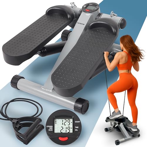 PORTENTUM Mini Stepper für Zuhause mit Widerstandsbändern und LCD-Display 5 Funktionen — Stairmaster 3-in-1 für Beine und Arme — Intensität einstellbar — Treppensteiger Fitnessgerät kompakt verstaubar