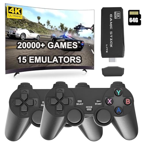 Drahtlose Retro-Konsole Spielkonsole, Retro Konsole Game Stick mit 20000+ eingebauten klassischen Spielen und 4K-HDMI-Ausgang, Plug & Play mit 2 Gamepads