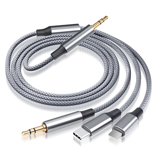 Aux Kabel USB C - 3-in-1 Nylon Klinkenkabel, 3.5mm Jack, USB-C auf 3.5mm, Lightnning auf 3.5 mm Aux Kabel für Auto, Kopfhörer, Lautsprecher, Smartphones, iPhone, Samsung, Huawei – 1 Meter