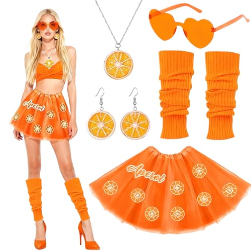 Aperol Kostüm Damen, Karneval Kostüm Tüllrock Orange Erwachsene Kostüm mit Orangen Ohrringe Halskette Herz Sonnenbrille Orange Stulpen, Faschingskostüme Frauen für Karneval Party Fasching Zubehör (B)