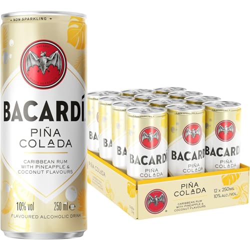 BACARDÍ Piña Colada, 10% Vol., 12 x 25 cl/250 ml, Ready-To-Drink Cocktail in der Dose, trinkfertig mit BACARDÍ Carta Blanca Rum, Ananas und Kokosnuss