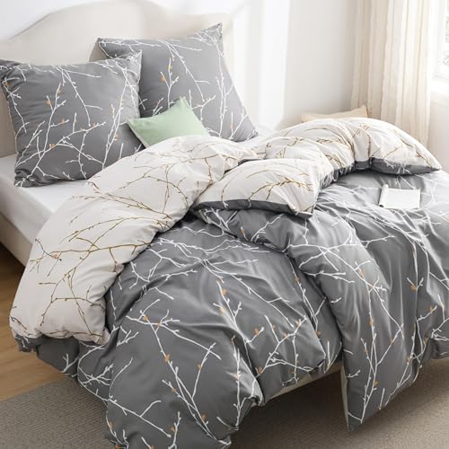 BEDSURE Bettwäsche 135x200 4teilig Bettbezug - Bettwäsche-Sets 135 x 200 cm 2er Set mit 2 Kissenbezüge 80x80cm, ÖKO-TEX Wendebettwäsche Bedding Zweige Grau Muster mit Reißverschluss