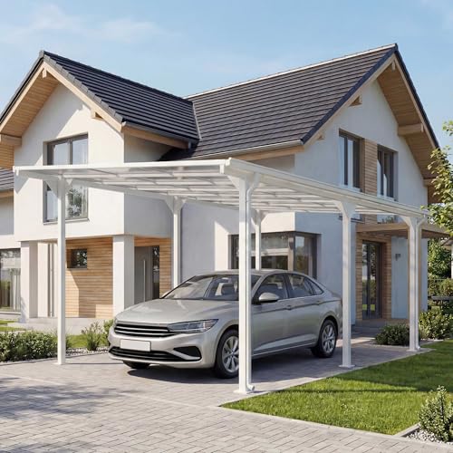 Alu-Carport HWC-O23, Autoüberdachung Garage Unterstand, 10cm-Gestell Polycarbonat-Dach Regenrinne, 3x6m - weiß