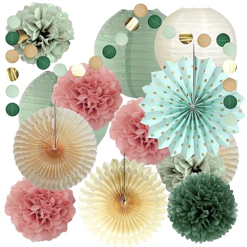 Salbeigrün Party Dekorationen, deko geburtstag silvester deko 2026 Papierfächer & Olive Seidenpapier Pompoms Salbeigrün Creme Gold Seidenpapier Pom Poms für Geburtstag, Abschlussfeier, Ruhestand