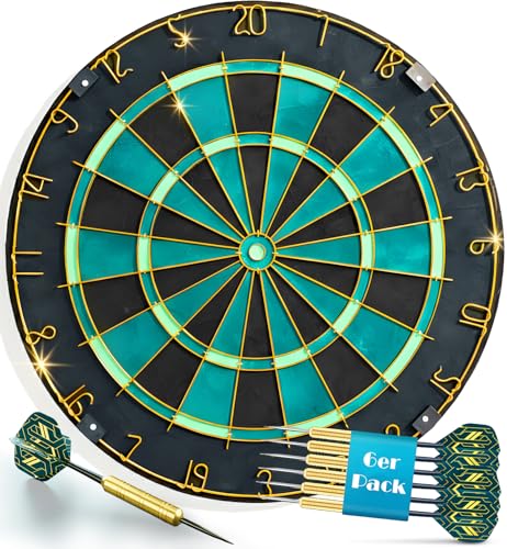 Professionell Sisal Türkis Dartscheibe Dartboard mit Goldener Zahlenring & Pfeilen - Profi Steeldartscheibe - Dart Scheibe Target mit 6 Dartpfeilen Metallspitze golddart Flight Barrels shafts schäfte