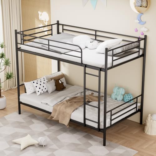 FAVSH Etagenbett 90x190 cm Metall, Hochbett Metalltreppe mit Metalltreppe und hohem Geländer, Platzsparendes Stockbett mit Lattenrost, Doppelstockbett für Kinder Jugendliche und Erwachsene (Schwarz)