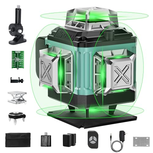 Kreuzlinienlaser Grün 16 Linien Nivellierlaser, 4 x 360 °Laser Wasserwaage Selbstnivellierend, Linienlaser kreuzlaser für Innenbereich Baustelle, 2 Akkuse,Einstellbare Helligkeit,Fernkontrolle