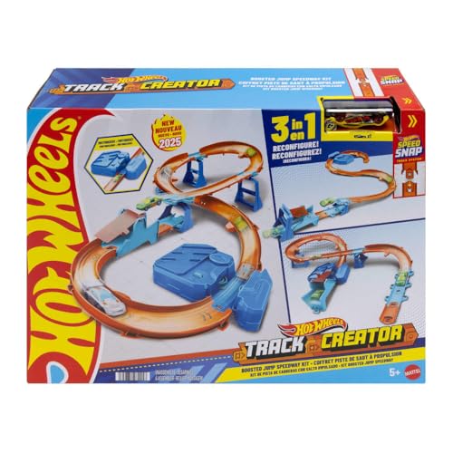 Hot Wheels Spielzeugauto Streckenset, Deluxe-Bauset mit motorisiertem Beschleuniger, Fahrzeug im Maßstab 1:64, Track-Schnellstecksystem, Beschleuniger-Sprung-Schnellstrecke,JDB49