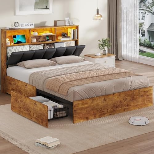 AOGLLATI Bett 140×200 cm, Polsterbett mit Ladestation und LED-Beleuchtung, Doppelbett Stauraumbett mit Stauraum Kopfteil, 4 Schubladen, Lattenrost, ohne Matratze (für 140 x 200 cm Matratze), Schwarz