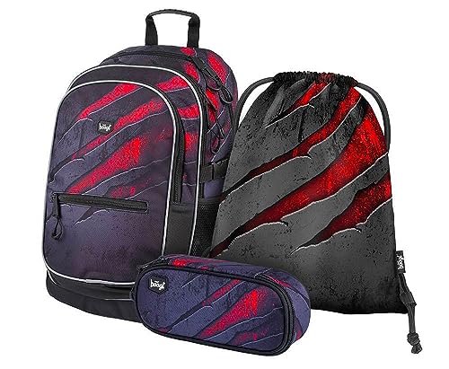 Baagl Schulrucksack Set 3 Teilig, Schultasche für Grundschule Volksschule, Grundschule Ranzen mit Brustgurt, Ergonomischer Schulranzen (Volcano 3)