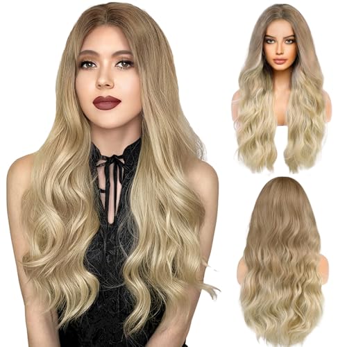 LUFFLOK Lange Gewellt Blond Perücke für Frauen Mädchen 68cm Lange Lockige Volle Perücken Damen Gewellte Hitzebeständig Volle Haar Perücke für Tägliche Karneval (Blond)