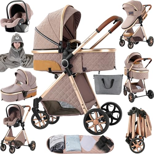 Sianldcone Kinderwagen 3 in 1, Hochwertige Stoffe Kinderwagen Set, Zwei-Wege-Schiebefunktion Reisesysteme, Offene Sicht Kombikinderwagen 3 in 1 Komplettset (V9 Khaki)