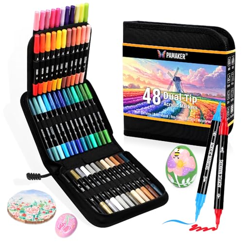 Pamaker 48 Farben Acrylstifte Set – Doppelseitige Spitzen, Multimarker für Steine, Holz, Stoff, Leinwand, Glas, Keramik in Stofftasche – Vielseitige Acrylfarben für Künstler & DIY Projekte