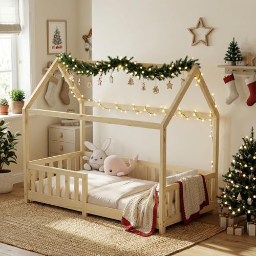 ecomi® Kinderbett 90x200 Bodenbett Kinder Bett Hausbett mit Rausfallschutz und Lattenrost für Kinder Kinderbetten für Mädchen und Jungen Massivholz Kiefer in Natur