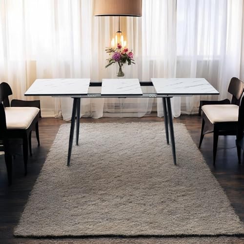 FurnitureR Esstisch, ausziehbar, L-120 – 160 cm für 6 – 8 Personen, Elegantes Design, Tischplatte aus weißem Marmor, MDF mit Metallbeinen, vielseitig und minimalistisch, Küchentisch