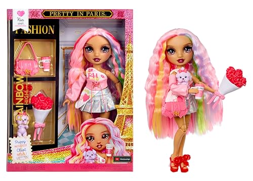 Rainbow High Pretty in Paris Modepuppe - Kia Hart - 28 cm große Modepuppe in Rosa mit Welpen, Handtasche und Accessoires, zum Spielen, beweglich, Sammlerstück, für Kinder von 4 bis 12+ Jahren