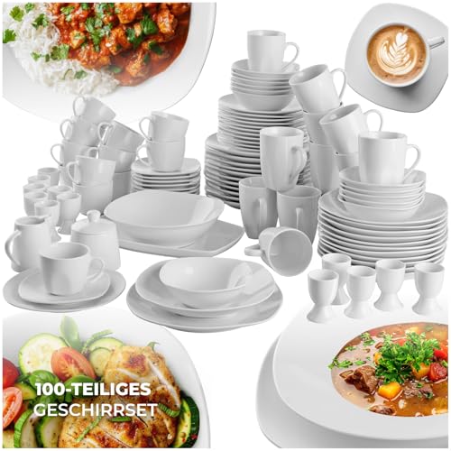 tectake® Geschirrset 12 Personen, Porzellan Geschirr Set 100tlg, u.a. 12x Dinner Teller Set, 12x Dessertteller, 12x tiefe Teller, 12x Tasse, 12x Müslischale, Salatschüssel, Milchkännchen, Zuckerdose