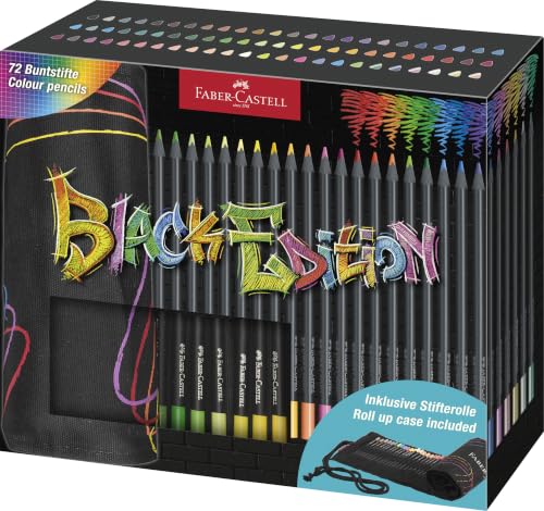 Faber-Castell - Buntstifte Set Black Edition 72-teilig in Stifterolle | Inkl. Metallic- und Neonfarben für helle und dunkle Papiere, bruchsichere und ergonomische Malstifte