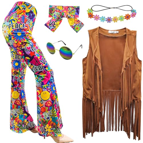 XonyiCos 6 Stück 60er 70er Jahre Hippie Kostüm Disco Outfits Fransenweste Boho Schlaghosen Frieden Zubehör Set Halloween für Frauen Karnevalskostüm (Brown, L)