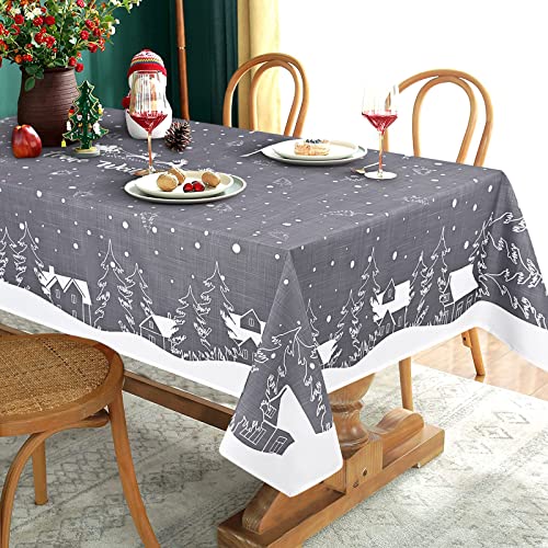 Yrendenge Weihnachtstischdecke Grau Tischdecke Abwaschbar Outdoor Tischtuch Rechteckig wasserdichte, Cartoon Häuser Elch Tablecloth für Winter Ferien Wohnkultur,Weiß 140 x 240 cm