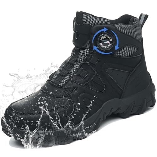 GUDECIUS Sicherheitsschuhe Herren Damen Leicht Arbeitsschuhe Wasserdicht Hoch Sicherheitsstiefel Leicht Stahlkappenschuhe Atmungsaktiv rutschfest Schwarz 42 EU