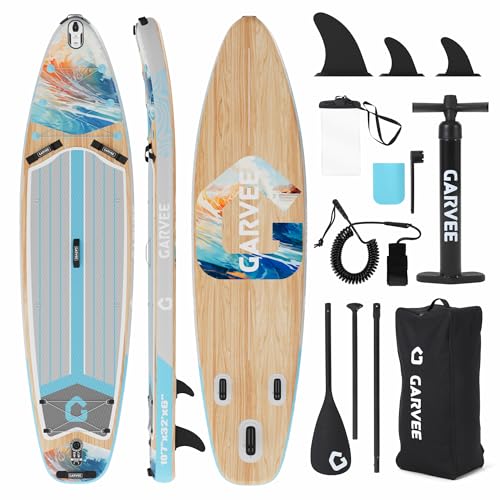 Premium SUP Board Set, Stand Up Paddling Board Aufblasbar, Mit Universal Kamerahalterung, Komplettes Zubehör, Verstellbares Paddel, Anfänger, Fortgeschrittene (Verlaufende helle Holzmaserung)