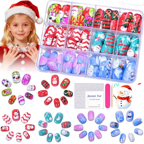 144 PCS Weihnachten Kinder falsche Nägel, lustige Weihnachtsmann Design Presse auf Kinder Nagel Urlaub Kunst Dekoration, Fingernägel zum Aufkleben Full Cover Acrylnägel für Mädchen Geschenk (BuntA)