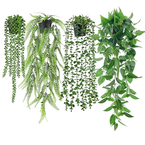 Der Rose 4 Stück Künstliche Pflanzen Hängepflanze Künstlich Kunstpflanze Hängend Fake Eukalyptus Plant, Boston-Farnen, Perlenkette für Wohnzimmer, Zimmer, Wand Deko Aesthetic Room Decor (Schwarze)