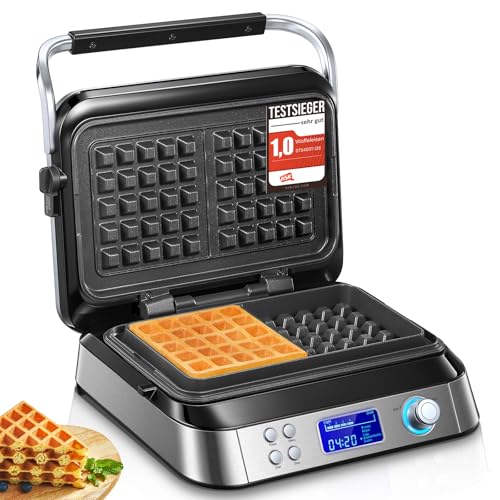 FOHERE Waffeleisen 1600 W, Doppelwaffeleisen für Belgische Waffeln, 5 Programme, 7 Bräunungsstufen, LCD Display, Countdown Timer, Überlaufrille, Extra Tiefe Heizplatten