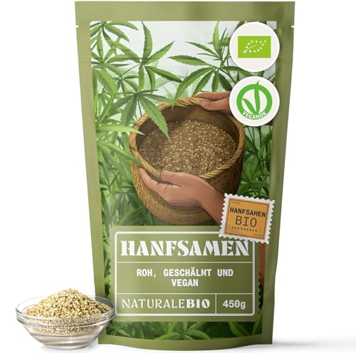 NaturaleBio Hanfsamen Geschält Bio 450g. Vegan, ohne GMO. Pflanzliches Protein & Ballaststoffen. Reich an Omega 3, Omega 6 & Vitaminen