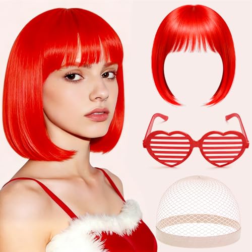 Perücke Damen Fasching Perücke Rot - Perücken Frauen Kurz mit Haarnetz und Bunte Brille, Rote Perücke Karneval, Red Bob Wigs Faschingsperücken für Karneval Cosplay Motto Party