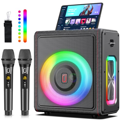 HWWR Karaoke Maschine mit Echo- und Tonhöhenkorrektur, Retro-Lederoptik, tragbarer Bluetooth 5.3 Lautsprecher 300W mit 2 kabellosen Mikrofonen, PA-System für Partys, unterstützt TWS/TF/USB/AUX/Live