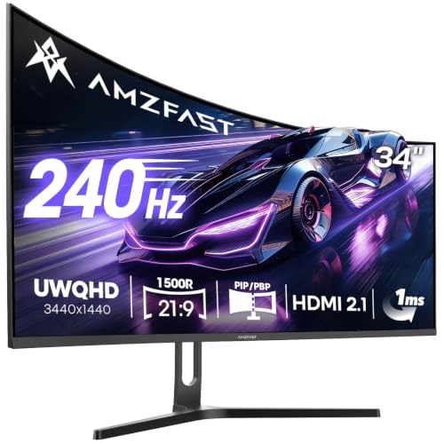 Amzfast 34 Zoll Curved Gaming Monitor, 3440x1440 UWQHD, 240Hz, 1ms MPRT, 1500R VA Curved, 21:9, 3000:1 Kontrast, 130% sRGB, HDR, Adaptive Sync, Pip/PBP, HDMI 2.1& DP 1.4, VESA 75x75mm, AMZG34C5QPro
