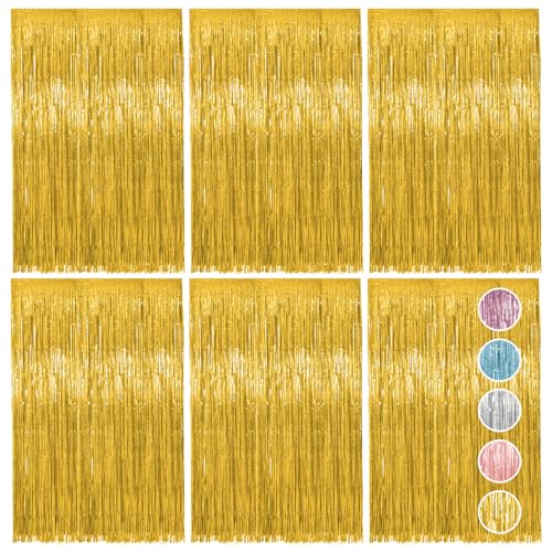 Vaktop 6 Stück Lametta Vorhang Gold, Glitzervorhang Lametta, Glitzer Party Vorhang, Folien Fransen Hintergrund fur Party Deko Geburtstagsdeko Hochzeit Festivals Bühnendekor (1m x 2m)