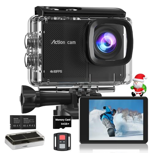 Camlance Action Cam 4K60FPS mit 64GB Karte,HD 48MP 40M Wasserdicht Unterwasserkamera 8X Zoom,WiFi EIS Stabilisierte Helmkamera Fernbedienung Actionkameras,2 * 1350 Akkus-Helmhalterung Zubehör Kits