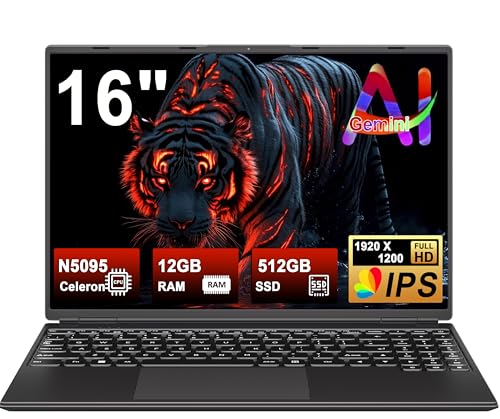 Gaming Laptop 16 Zoll Win11 12+512GB SSD Unterstützung 2TB(HDD-2TB) 1920x1200 Notebook 4-Core Celeron N5095 (bis 2.9GHz) Laptop mit Nummerntastatur WiFi Mini HDMI Deutscher Tastaturschutz-Schwarz