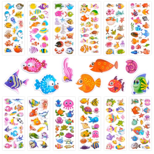 3D Aufkleber für Kinder & Kleinkinder, Fisch Sticker Kinder 12 Blätter, Geschwollen Stickers für Jungen Mädchen Lehrer, Kindergeburtstag Gastgeschenke Party (Fisch)