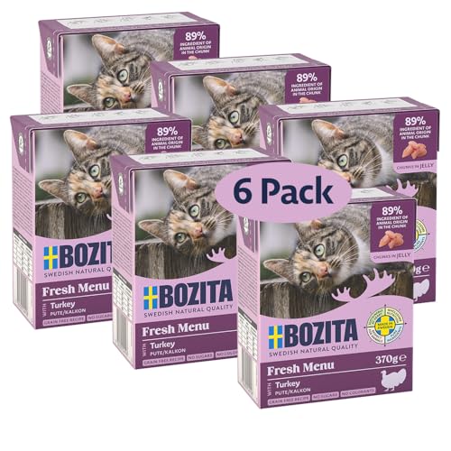 Bozita Tetra Nassfutter mit Pute in Gelee – 6x370g getreidefreies, zuckerfreies Katzenfutter – ohne Gentechnik, mit 7,5% Protein, 5% Fett – vollwertig & ausgewogen für Feinschmecker